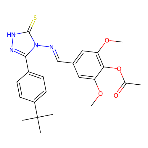 (E)-4-(((3-(4-(tert-butyl)phenyl)-5-mercapto-4H-1,2,4-triazol-4-yl)imino)methyl)-2,6-dimethoxyphenyl acetate structure