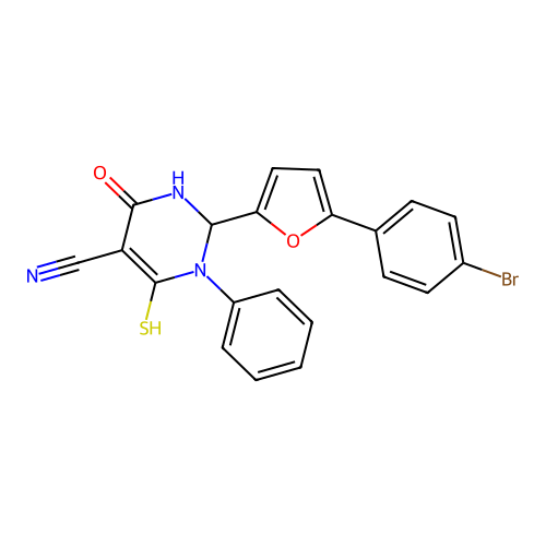 2-(5-(4-bromophenyl)furan-2-yl)-6-mercapto-4-oxo-1-phenyl-1,2,3,4-tetrahydropyrimidine-5-carbonitrile structure