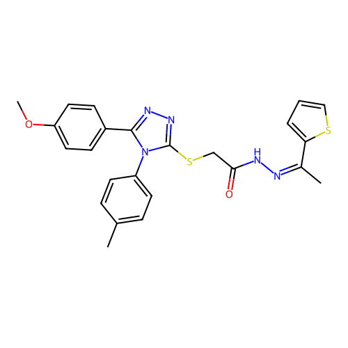 (Z)-2-((5-(4-methoxyphenyl)-4-(p-tolyl)-4H-1,2,4-triazol-3-yl)thio)-N'-(1-(thiophen-2-yl)ethylidene)acetohydrazide structure