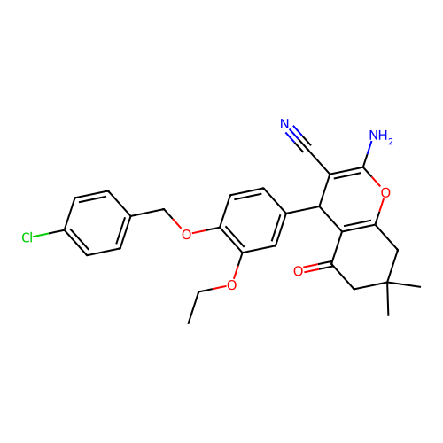 2-amino-4-(4-((4-chlorobenzyl)oxy)-3-ethoxyphenyl)-7,7-dimethyl-5-oxo-5,6,7,8-tetrahydro-4H-chromene-3-carbonitrile structure