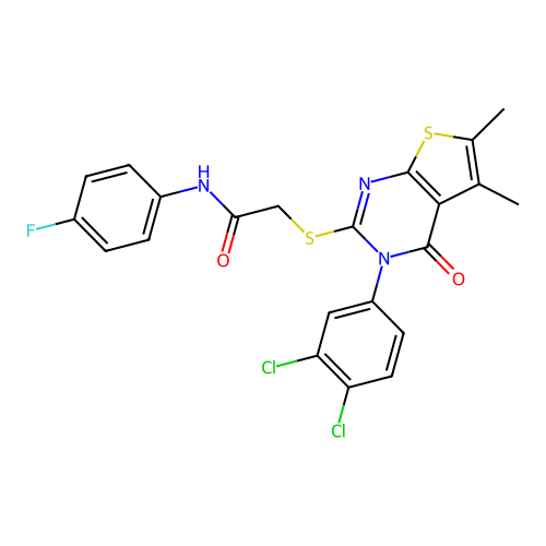 2-((3-(3,4-dichlorophenyl)-5,6-dimethyl-4-oxo-3,4-dihydrothieno[2,3-d]pyrimidin-2-yl)thio)-N-(4-fluorophenyl)acetamide structure