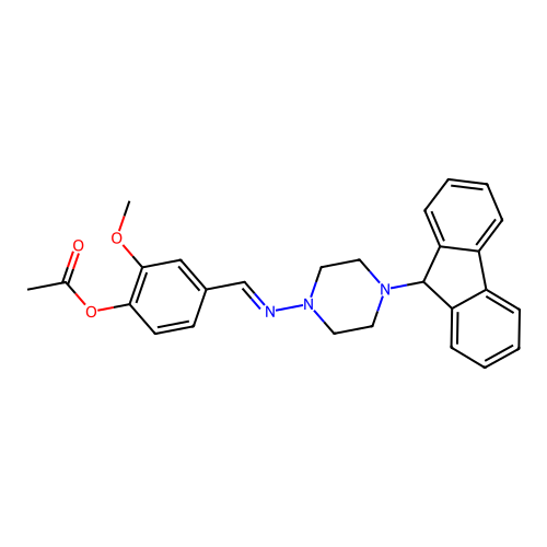 (E)-4-(((4-(9H-fluoren-9-yl)piperazin-1-yl)imino)methyl)-2-methoxyphenyl acetate structure