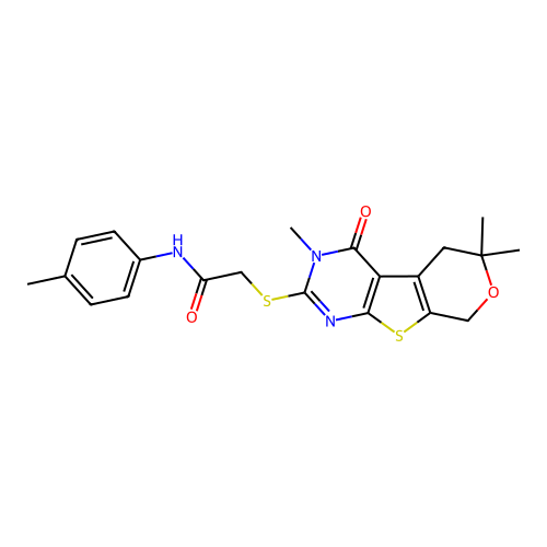 N-(4-methylphenyl)-2-[(3,6,6-trimethyl-4-oxo-3,5,6,8-tetrahydro-4H-pyrano[4',3':4,5]thieno[2,3-d]pyrimidin-2-yl)sulfanyl]acetamide structure