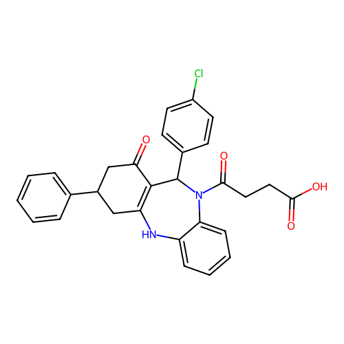 4-[11-(4-chlorophenyl)-1-oxo-3-phenyl-1,2,3,4,5,11-hexahydro-10H-dibenzo[b,e][1,4]diazepin-10-yl]-4-oxobutanoic acid structure