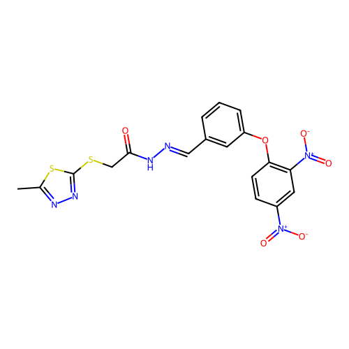 (E)-N'-(3-(2,4-dinitrophenoxy)benzylidene)-2-((5-methyl-1,3,4-thiadiazol-2-yl)thio)acetohydrazide structure