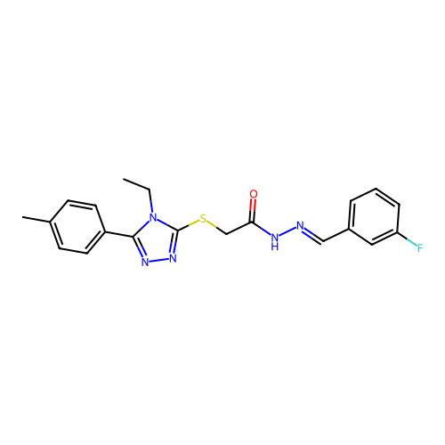 (E)-2-((4-ethyl-5-(p-tolyl)-4H-1,2,4-triazol-3-yl)thio)-N'-(3-fluorobenzylidene)acetohydrazide structure