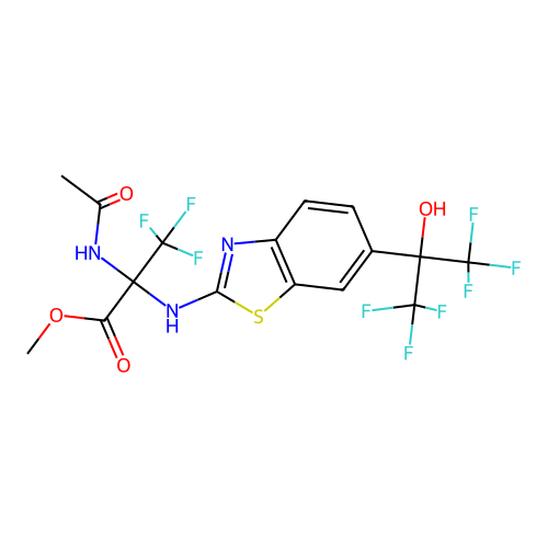 (S)-methyl 2-acetamido-3,3,3-trifluoro-2-((6-(1,1,1,3,3,3-hexafluoro-2-hydroxypropan-2-yl)benzo[d]thiazol-2-yl)amino)propanoate structure