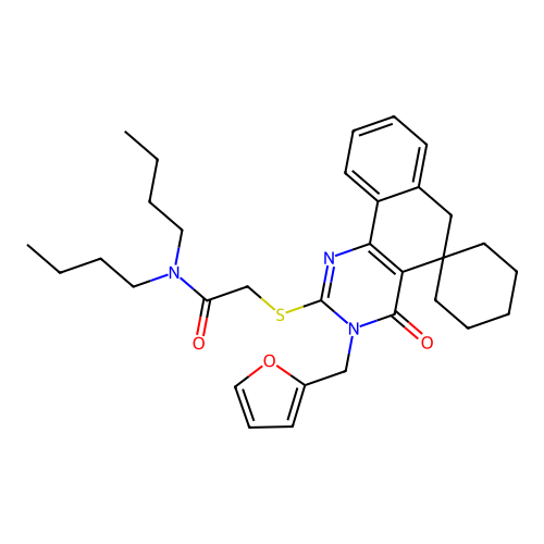 N,N-dibutyl-2-((3-(furan-2-ylmethyl)-4-oxo-4,6-dihydro-3H-spiro[benzo[h]quinazoline-5,1'-cyclohexan]-2-yl)thio)acetamide structure