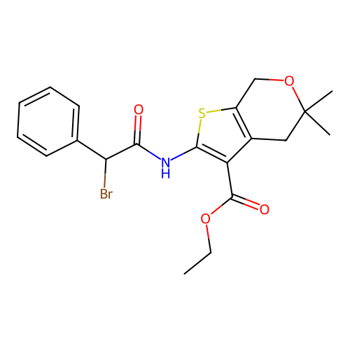 ethyl 2-(2-bromo-2-phenylacetamido)-5,5-dimethyl-5,7-dihydro-4H-thieno[2,3-c]pyran-3-carboxylate structure