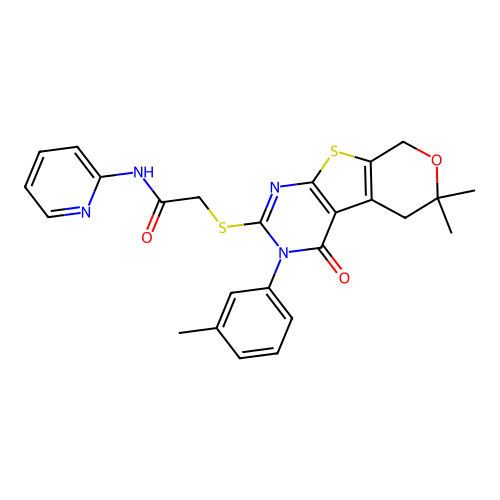 2-((6,6-dimethyl-4-oxo-3-(m-tolyl)-4,5,6,8-tetrahydro-3H-pyrano[4',3':4,5]thieno[2,3-d]pyrimidin-2-yl)thio)-N-(pyridin-2-yl)acetamide structure
