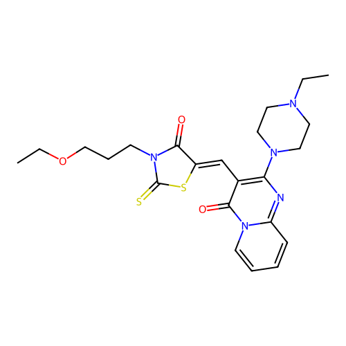3-{(Z)-[3-(3-ethoxypropyl)-4-oxo-2-thioxo-1,3-thiazolidin-5-ylidene]methyl}-2-(4-ethylpiperazin-1-yl)-4H-pyrido[1,2-a]pyrimidin-4-one structure