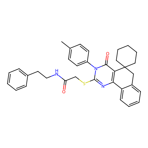 2-((4-oxo-3-(p-tolyl)-4,6-dihydro-3H-spiro[benzo[h]quinazoline-5,1'-cyclohexan]-2-yl)thio)-N-phenethylacetamide structure