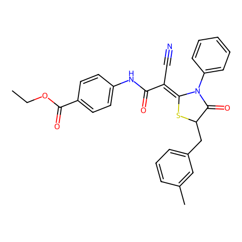 (Z)-ethyl 4-(2-cyano-2-(5-(3-methylbenzyl)-4-oxo-3-phenylthiazolidin-2-ylidene)acetamido)benzoate structure