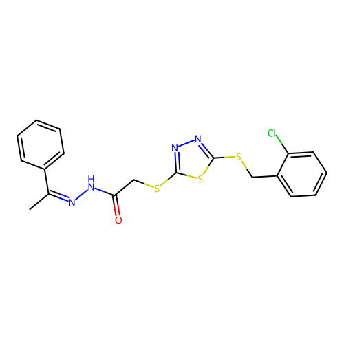 2-({5-[(2-chlorobenzyl)sulfanyl]-1,3,4-thiadiazol-2-yl}sulfanyl)-N'-[(1Z)-1-phenylethylidene]acetohydrazide structure