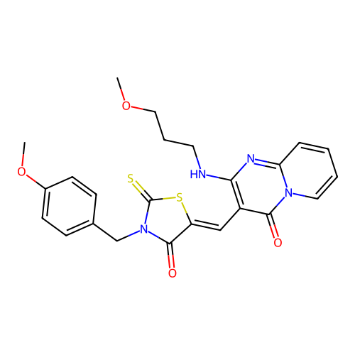 3-{(Z)-[3-(4-methoxybenzyl)-4-oxo-2-thioxo-1,3-thiazolidin-5-ylidene]methyl}-2-[(3-methoxypropyl)amino]-4H-pyrido[1,2-a]pyrimidin-4-one structure