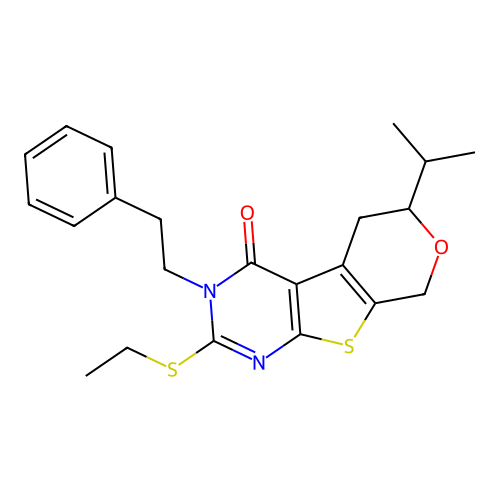 2-(ethylsulfanyl)-3-(2-phenylethyl)-6-(propan-2-yl)-3,5,6,8-tetrahydro-4H-pyrano[4',3':4,5]thieno[2,3-d]pyrimidin-4-one structure
