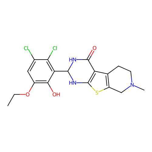 2-(2,3-dichloro-5-ethoxy-6-hydroxyphenyl)-7-methyl-2,3,5,6,7,8-hexahydropyrido[4',3':4,5]thieno[2,3-d]pyrimidin-4(1H)-one structure