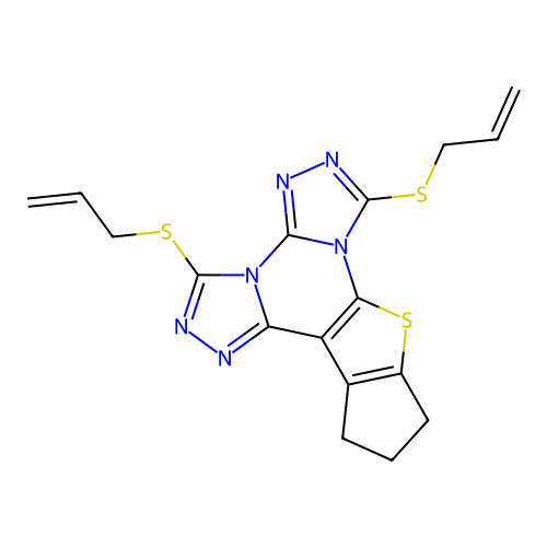 3,7-bis(allylthio)-11,12-dihydro-10H-cyclopenta[4,5]thieno[3,2-e]bis([1,2,4]triazolo)[4,3-a:4',3'-c]pyrimidine structure