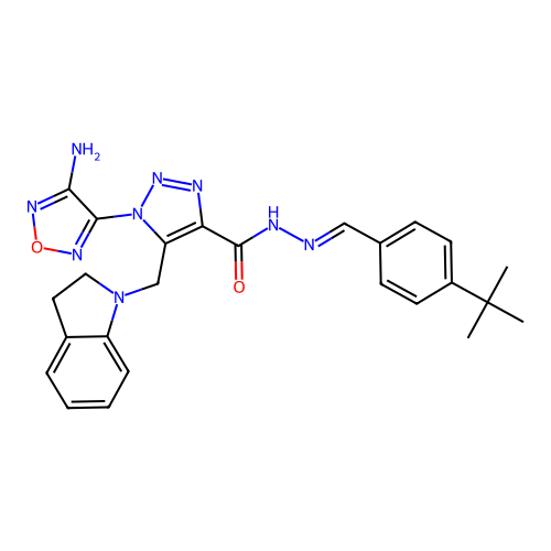 (E)-1-(4-amino-1,2,5-oxadiazol-3-yl)-N'-(4-(tert-butyl)benzylidene)-5-(indolin-1-ylmethyl)-1H-1,2,3-triazole-4-carbohydrazide structure