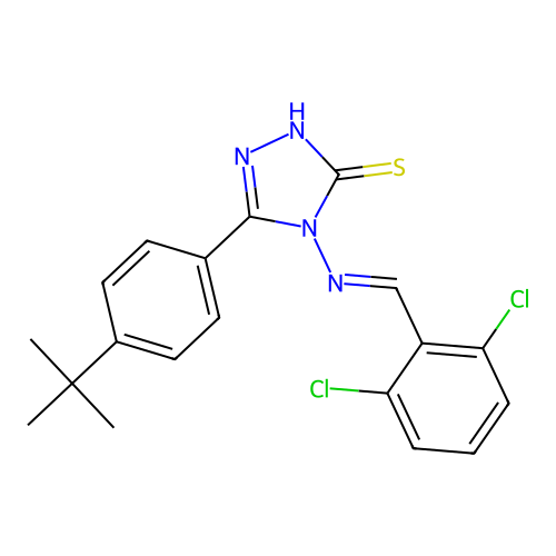 (E)-5-(4-(tert-butyl)phenyl)-4-((2,6-dichlorobenzylidene)amino)-4H-1,2,4-triazole-3-thiol structure