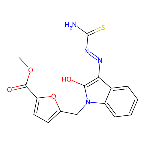 methyl 5-[[(3Z)-3-(carbamothioylhydrazinylidene)-2-oxoindol-1-yl]methyl]furan-2-carboxylate structure