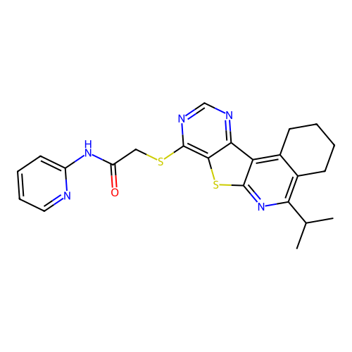 2-((5-isopropyl-1,2,3,4-tetrahydropyrimido[4',5':4,5]thieno[2,3-c]isoquinolin-8-yl)thio)-N-(pyridin-2-yl)acetamide structure