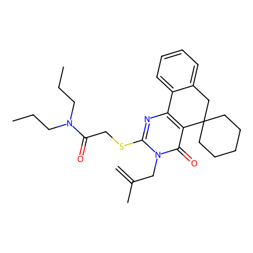 2-((3-(2-methylallyl)-4-oxo-4,6-dihydro-3H-spiro[benzo[h]quinazoline-5,1'-cyclohexan]-2-yl)thio)-N,N-dipropylacetamide structure