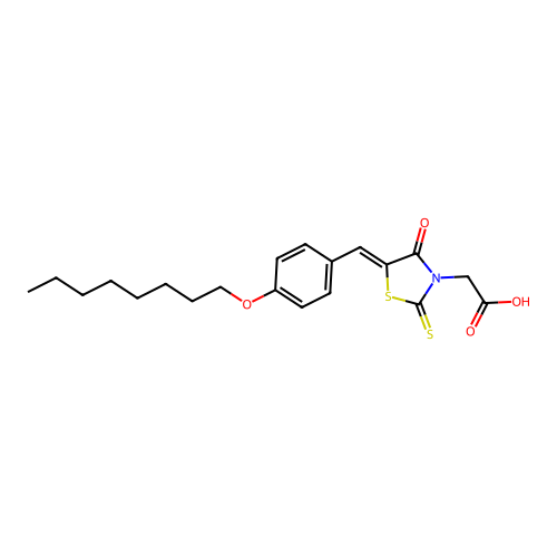 2-{5-[(4-octyloxyphenyl)methylene]-4-oxo-2-thioxo-1,3-thiazolidin-3-yl}acetic acid structure