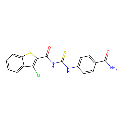 N-[(4-carbamoylphenyl)carbamothioyl]-3-chloro-1-benzothiophene-2-carboxamide structure