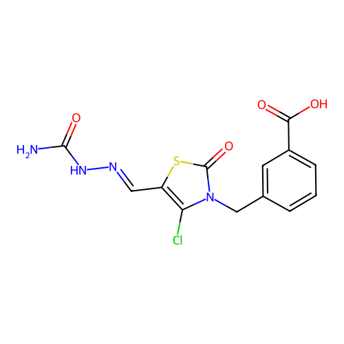 (E)-3-((5-((2-carbamoylhydrazono)methyl)-4-chloro-2-oxothiazol-3(2H)-yl)methyl)benzoic acid structure
