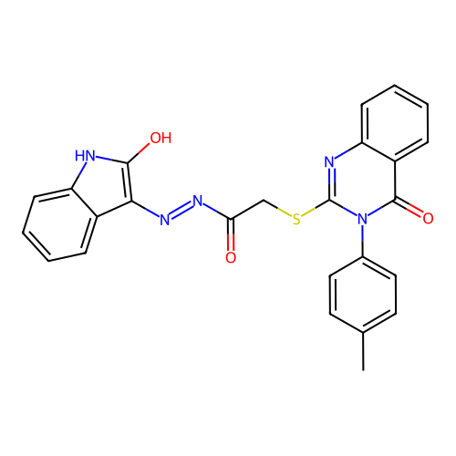 (E)-2-((4-oxo-3-(p-tolyl)-3,4-dihydroquinazolin-2-yl)thio)-N'-(2-oxoindolin-3-ylidene)acetohydrazide structure