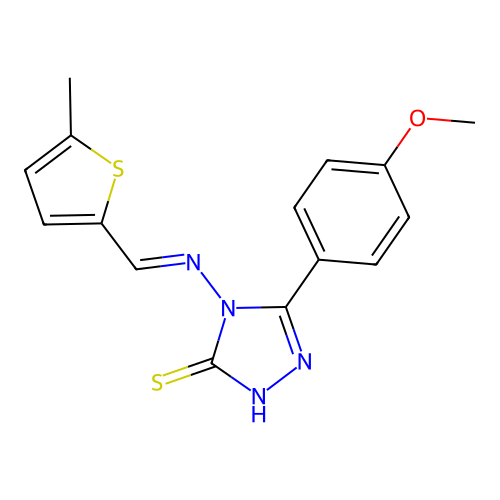 (E)-5-(4-methoxyphenyl)-4-(((5-methylthiophen-2-yl)methylene)amino)-4H-1,2,4-triazole-3-thiol structure