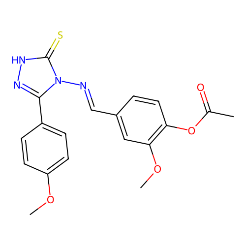 (E)-4-(((3-mercapto-5-(4-methoxyphenyl)-4H-1,2,4-triazol-4-yl)imino)methyl)-2-methoxyphenyl acetate structure