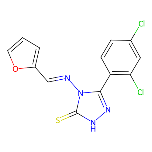 (E)-5-(2,4-dichlorophenyl)-4-((furan-2-ylmethylene)amino)-4H-1,2,4-triazole-3-thiol structure