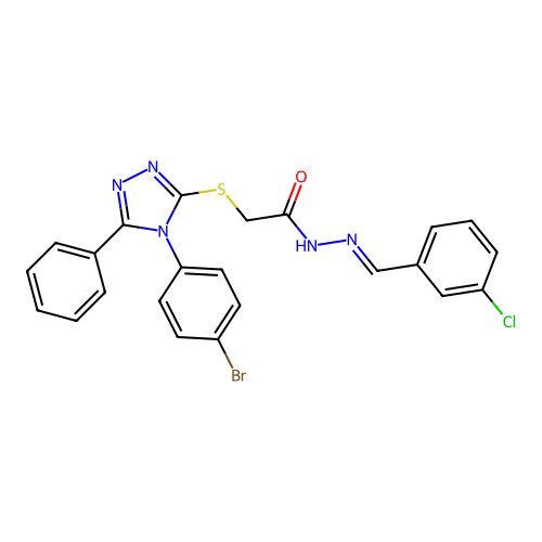 (E)-2-((4-(4-bromophenyl)-5-phenyl-4H-1,2,4-triazol-3-yl)thio)-N'-(3-chlorobenzylidene)acetohydrazide structure