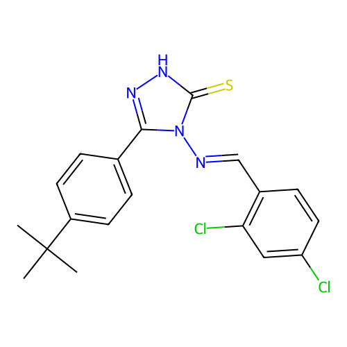 (E)-5-(4-(tert-butyl)phenyl)-4-((2,4-dichlorobenzylidene)amino)-4H-1,2,4-triazole-3-thiol structure