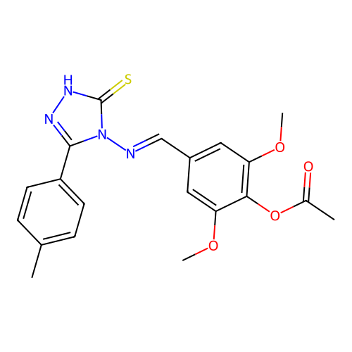 (E)-4-(((3-mercapto-5-(p-tolyl)-4H-1,2,4-triazol-4-yl)imino)methyl)-2,6-dimethoxyphenyl acetate structure