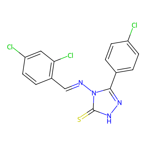 (E)-5-(4-chlorophenyl)-4-((2,4-dichlorobenzylidene)amino)-4H-1,2,4-triazole-3-thiol structure