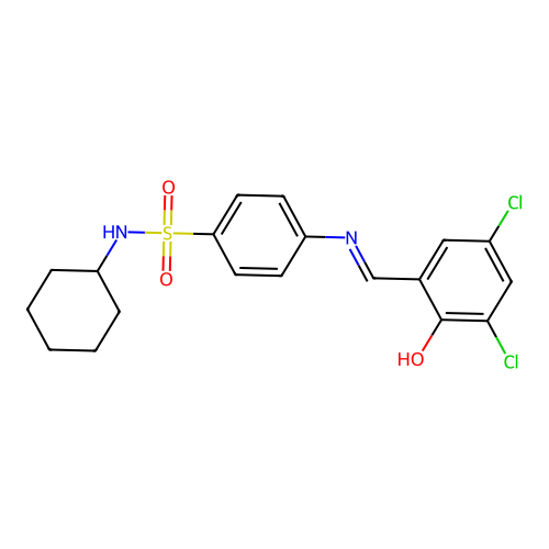 N-cyclohexyl-4-[(3,5-dichloro-2-hydroxybenzylidene)amino]benzenesulfonamide structure