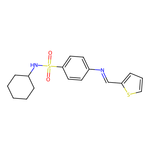 N-cyclohexyl-4-{[(E)-thiophen-2-ylmethylidene]amino}benzenesulfonamide structure