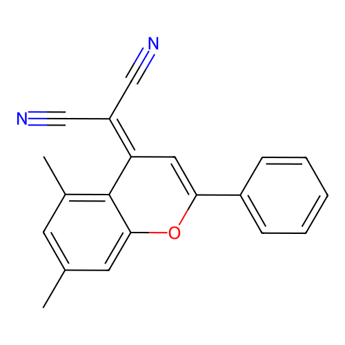 2-(5,7-dimethyl-2-phenyl-4H-chromen-4-ylidene)malononitrile structure