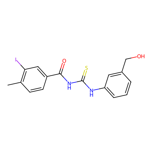 N-[[3-(hydroxymethyl)phenyl]carbamothioyl]-3-iodo-4-methylbenzamide structure