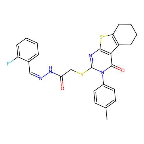 (E)-N'-(2-fluorobenzylidene)-2-((4-oxo-3-(p-tolyl)-3,4,5,6,7,8-hexahydrobenzo[4,5]thieno[2,3-d]pyrimidin-2-yl)thio)acetohydrazide structure