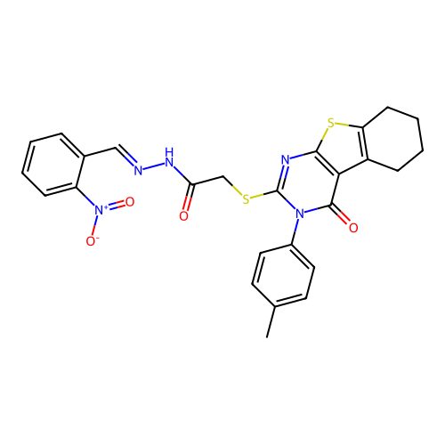 (E)-N'-(2-nitrobenzylidene)-2-((4-oxo-3-(p-tolyl)-3,4,5,6,7,8-hexahydrobenzo[4,5]thieno[2,3-d]pyrimidin-2-yl)thio)acetohydrazide structure