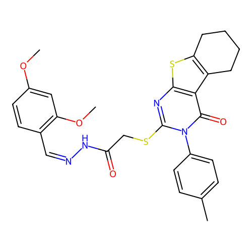 (E)-N'-(2,4-dimethoxybenzylidene)-2-((4-oxo-3-(p-tolyl)-3,4,5,6,7,8-hexahydrobenzo[4,5]thieno[2,3-d]pyrimidin-2-yl)thio)acetohydrazide structure