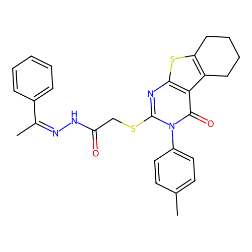 (Z)-2-((4-oxo-3-(p-tolyl)-3,4,5,6,7,8-hexahydrobenzo[4,5]thieno[2,3-d]pyrimidin-2-yl)thio)-N'-(1-phenylethylidene)acetohydrazide structure