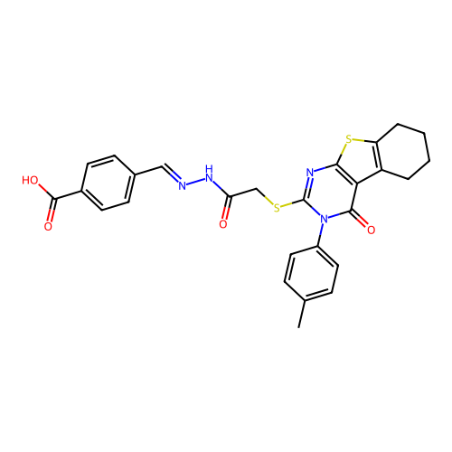 (E)-4-((2-(2-((4-oxo-3-(p-tolyl)-3,4,5,6,7,8-hexahydrobenzo[4,5]thieno[2,3-d]pyrimidin-2-yl)thio)acetyl)hydrazono)methyl)benzoic acid structure