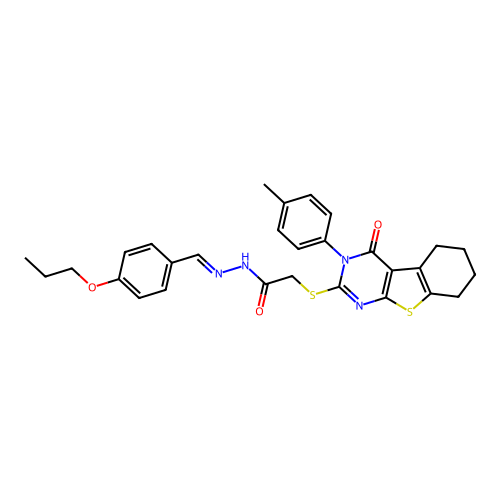 (E)-2-((4-oxo-3-(p-tolyl)-3,4,5,6,7,8-hexahydrobenzo[4,5]thieno[2,3-d]pyrimidin-2-yl)thio)-N'-(4-propoxybenzylidene)acetohydrazide structure