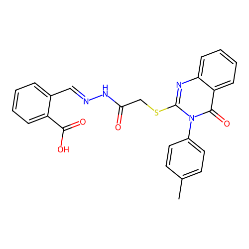 (E)-2-((2-(2-((4-oxo-3-(p-tolyl)-3,4-dihydroquinazolin-2-yl)thio)acetyl)hydrazono)methyl)benzoic acid structure
