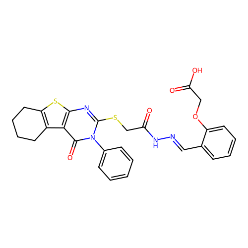 (E)-2-(2-((2-(2-((4-oxo-3-phenyl-3,4,5,6,7,8-hexahydrobenzo[4,5]thieno[2,3-d]pyrimidin-2-yl)thio)acetyl)hydrazono)methyl)phenoxy)acetic acid structure